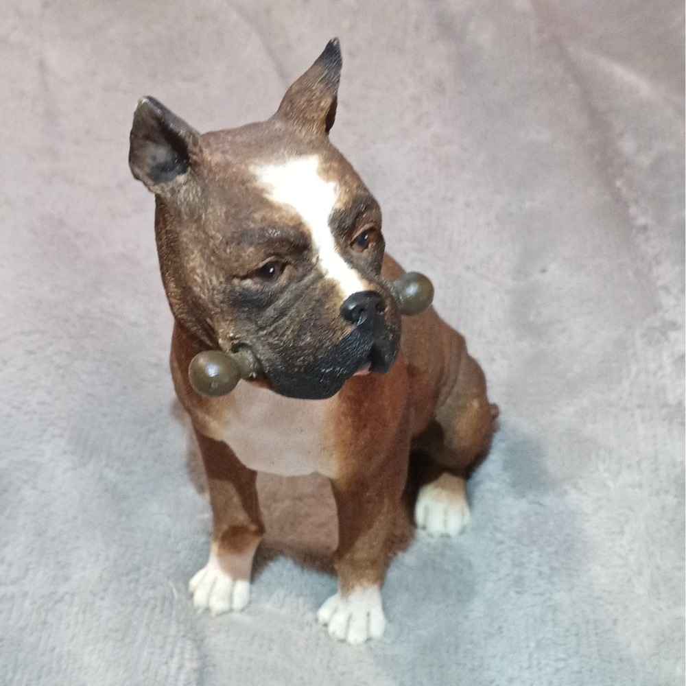 Forever Pets Boxer Dog Figurine Brindle White Resin Sitting Bone in Mouth 7in